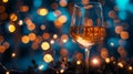 A glass of wine is sitting on a table with lights behind it, AI Royalty Free Stock Photo