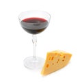 Glass of wine and a slice of cheese isolated on white Royalty Free Stock Photo