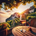 A glass of wine on a table on the terrace of an ancient villa among vineyards on the Italian coast, at sunset. Generated AI