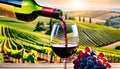 Glass of wine with wine pouring from a bottle and landscape of a vineyard on a sunny day. Winemaking concept, copy space, Royalty Free Stock Photo