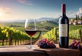 Glass of wine with wine pouring from a bottle and landscape of a vineyard on a sunny day. Winemaking concept, copy space, Royalty Free Stock Photo