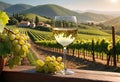 Glass of wine with wine pouring from a bottle and landscape of a vineyard on a sunny day. Winemaking concept, copy space, Royalty Free Stock Photo