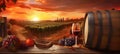 bottle grape sunset winery glass alcohol barrel beverage wine drink. Generative AI. Royalty Free Stock Photo