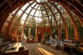 A glass and wood dome house under construction, with scaffolding and workers visible. Generative AI Royalty Free Stock Photo