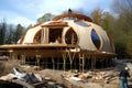 A glass and wood dome house under construction, with scaffolding and workers visible. Generative AI Royalty Free Stock Photo