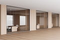 Glass and wooden open space office lobby corner Royalty Free Stock Photo