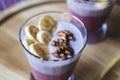 A glass of yogurt with blueberries, cereals, banana and walnuts