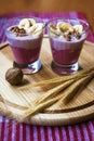 A glass of yogurt with blueberries, cereals, banana and walnuts