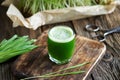 A glass of young barley grass juice on a table Royalty Free Stock Photo