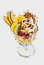 Glass of yummy ice cream with tropical fruits