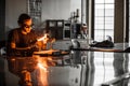 Glassblowing Young Man Working on a Torch Flame with Glass Tubes