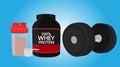 Whey Protein Bottle, a Scoop, a Shaker and a Dumbbell