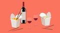 Chinese Food Take Away, with Wine. Vector Isolated Illustration Royalty Free Stock Photo