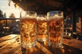Glasses with amber beer stand on a wooden table in the sun.