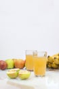 2, glasses, Apple juice, juice, apples, bananas, fruit, Royalty Free Stock Photo