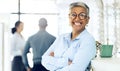 Glasses, arms crossed and store portrait of happy woman for visual wellness, ophthalmology or eyewear. Confident
