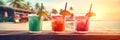 Glasses with assorted cocktails in the beach bar. Summer vacation concept. Created with generative Ai