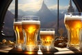 Glasses of beer against a backdrop of alps Royalty Free Stock Photo