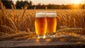 Glasses of beer against the backdrop a field of barley mug evening outdoor Royalty Free Stock Photo