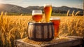 Glasses beer against the backdrop rustic of beverage mug evening outdoor land nature