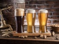 Glasses of beer and ale barrel on the wooden table. Craft brewery Royalty Free Stock Photo