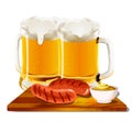 Glasses of beer with sausage & mustard on wooden bred Royalty Free Stock Photo