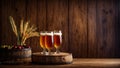 glasses with beer wooden background, ears corn drink alcohol golden