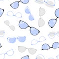 Glasses with black and gray frames of different shapes with blue glass on a white background, seamless pattern Royalty Free Stock Photo