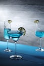 Glasses with blue alcohol cocktail ready for a party