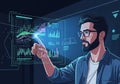 Glasses, a blue shirt, and is touching a holographic display with Royalty Free Stock Photo