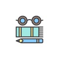 Glasses, book and pencil filled outline icon