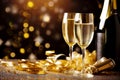 Glasses and bottle of champagne on blurred background. Celebration concept, free space for text. New Year or Christmas Royalty Free Stock Photo