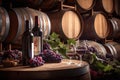 Glasses and bottle of wine on a barrel, at a winery, new wine harvest Royalty Free Stock Photo