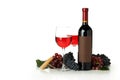 Glasses and bottle of wine, grape and corkscrew isolated on white background Royalty Free Stock Photo