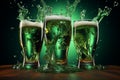 Glasses brimming with green beer, bubbling and foaming in a refreshing splash