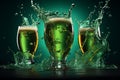Glasses brimming with green beer, bubbling and foaming in a refreshing splash