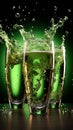 Glasses brimming with green beer, bubbling and foaming in a refreshing splash