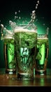 Glasses brimming with green beer, bubbling and foaming in a refreshing splash