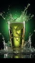 Glasses brimming with green beer, bubbling and foaming in a refreshing splash