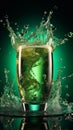 Glasses brimming with green beer, bubbling and foaming in a refreshing splash