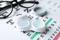 Glasses, case for contact lenses and eye test chart Royalty Free Stock Photo