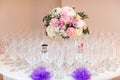 Bouquet of flwoers and Glasses with champagne Royalty Free Stock Photo