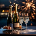 glasses of champagne against the backdrop of festive fireworks and gold sparkles. festive background for Christmas, New Year Royalty Free Stock Photo