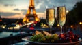 glasses of champagne on the background of the Eiffel Tower. Selective focus Royalty Free Stock Photo