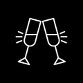 Glasses of champagne clinking icon vector, flat outline pictogram isolated on black. Pair of champagne glass cheers