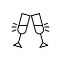 Glasses of champagne clinking icon vector, flat outline pictogram isolated on white. Pair of champagne glass cheers