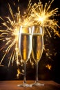 Glasses of champagne on a festive background, party or holiday concept. New Year or Christmas sparkling background. Gold Royalty Free Stock Photo