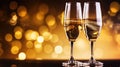 Glasses of champagne on a festive background, party or holiday concept. New Year or Christmas sparkling background. Gold Royalty Free Stock Photo