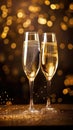 Glasses of champagne on a festive background, party or holiday concept. New Year or Christmas sparkling background. Gold Royalty Free Stock Photo