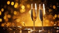 Glasses of champagne on a festive background, party or holiday concept. New Year or Christmas sparkling background. Gold Royalty Free Stock Photo